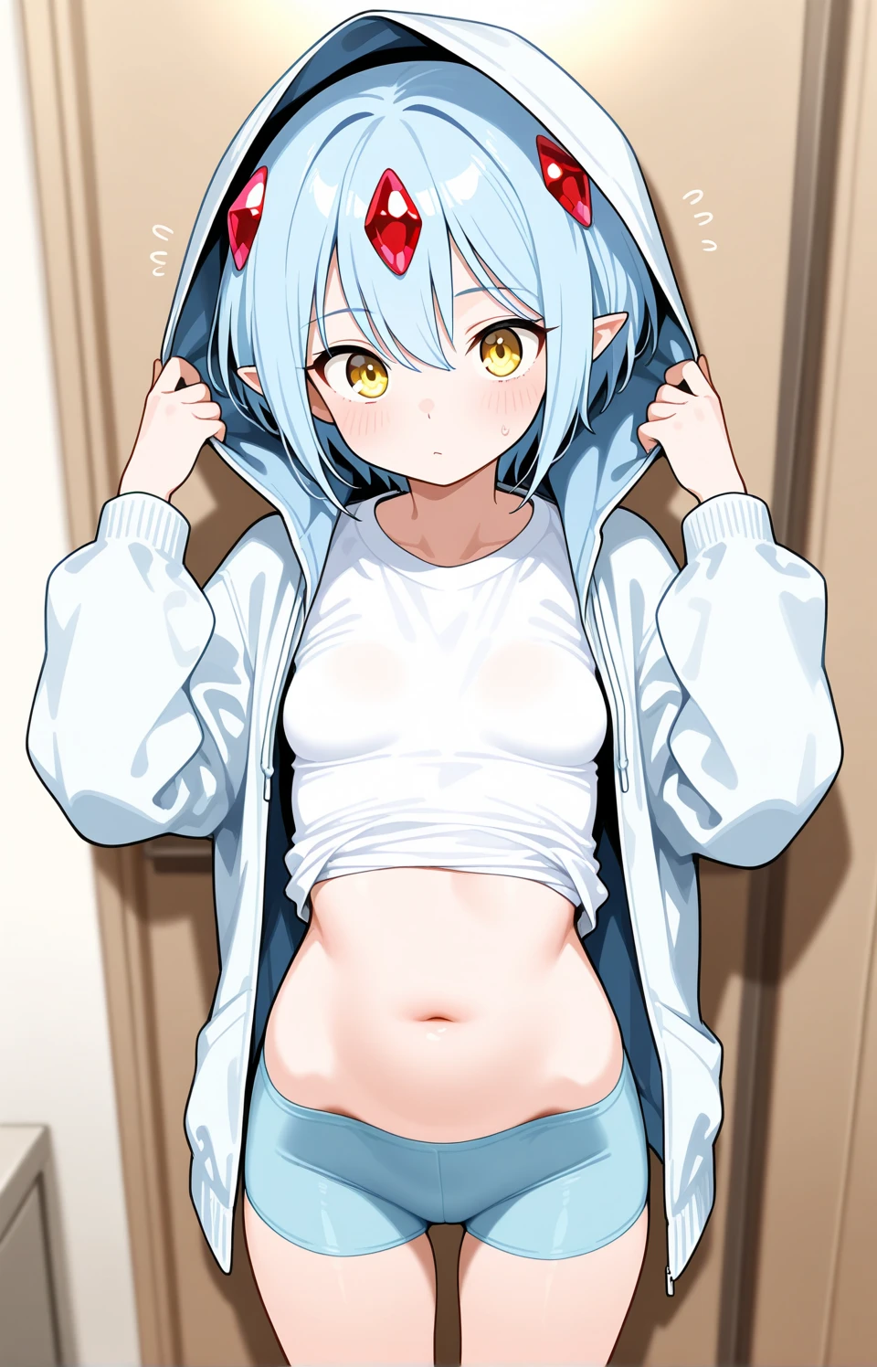 (Best Quality), (masutepiece), (super detailed), Sharp Focus, eyesgod, brown_Eyes, up looking_viewer, Solo, Furry, animal_ear, Upface, tail, School Dress White Shirt, bare stomach, White bra, white  panties, From below, Navy blue hair, White ears, purplish red eyes, Thick eyebrows, Baby face, Open mouth, a child girl, kids, Spread your legs apart, back arms, Double-toothed, mesugaki