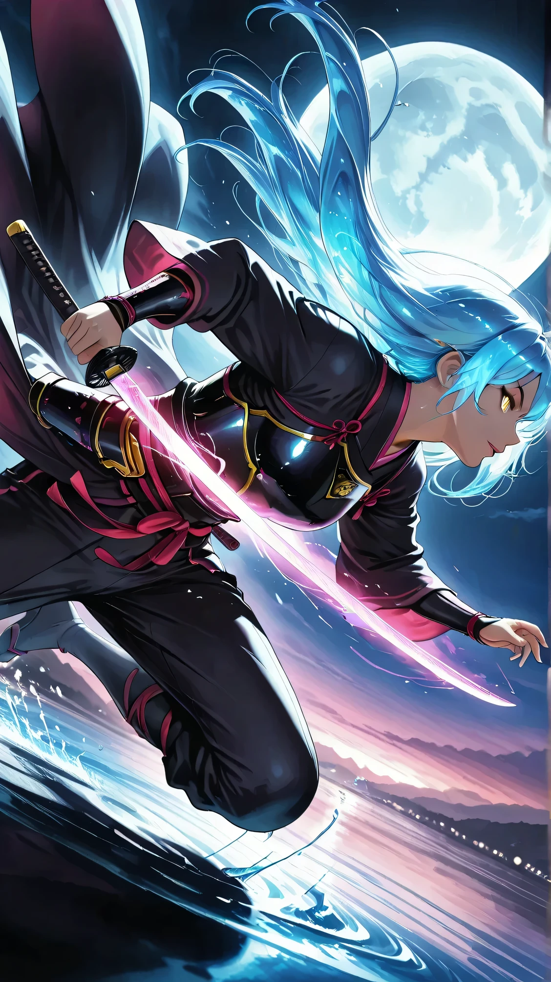 score_9, score_8_up, score_7_up, masterpiece, source_anime,Female SAMURAI,in a dynamic motion,yellow eyes,iris,0 highly detailed, cinematic lighting, dramatic atmosphere, Female samurai warrior in action, precise facial features, intricate armor, flowing robes, katana sword, dynamic pose, intense battle scene, epic fantasy landscape, moody color palette, vibrant colors, 8K, photorealistic, professional digital art,Glowing, Contours,motion efect,water right,moon night
splash of water,HTMの、highly transparent hair,dynamic motion effect,motion blur, (game cg, dutch angle),from side,moon night