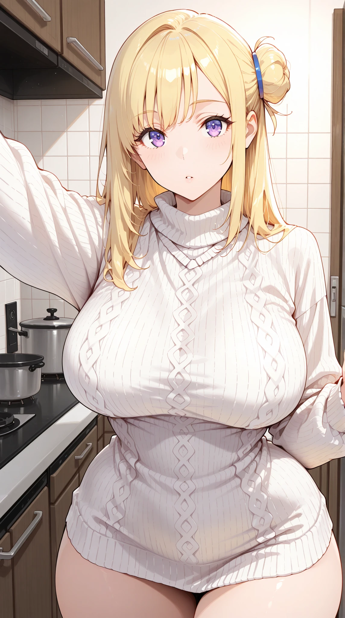 /(Modern house interior/), Only one woman, Mature Woman, /(blue ribbed Sweater/), bangs, A gentle, blushing smile, (Masterpiece Top quality:1.2) Delicate illustrations, Very detailed, Large Breasts、((Sweat,vapor,Vulgarity))、Tight sweater
