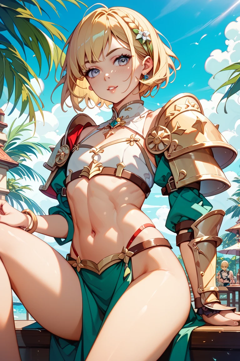 (masterpiece:1.2), (best quality:1.2), beautiful, high quality, (highres:1.1), detailed, extremely detailed 4K, perfect eyes, perfect face, perfect lighting, <lora:tool_addDetail:0.25>, (1girl, solo, teenager female), navel, 1girl, ((green high-leg bikini armour)), helm, fantasy village, outdoors, <lora:leco_BikiniArmor2_last:-1.5>, <lora:mlp_applejack-10:1> (((applejack, mlpapplejack))), (((blonde hair))), long hair, green eyes, large breasts, looking at viewer, cameltoe, smile, arms behind back, against tree,