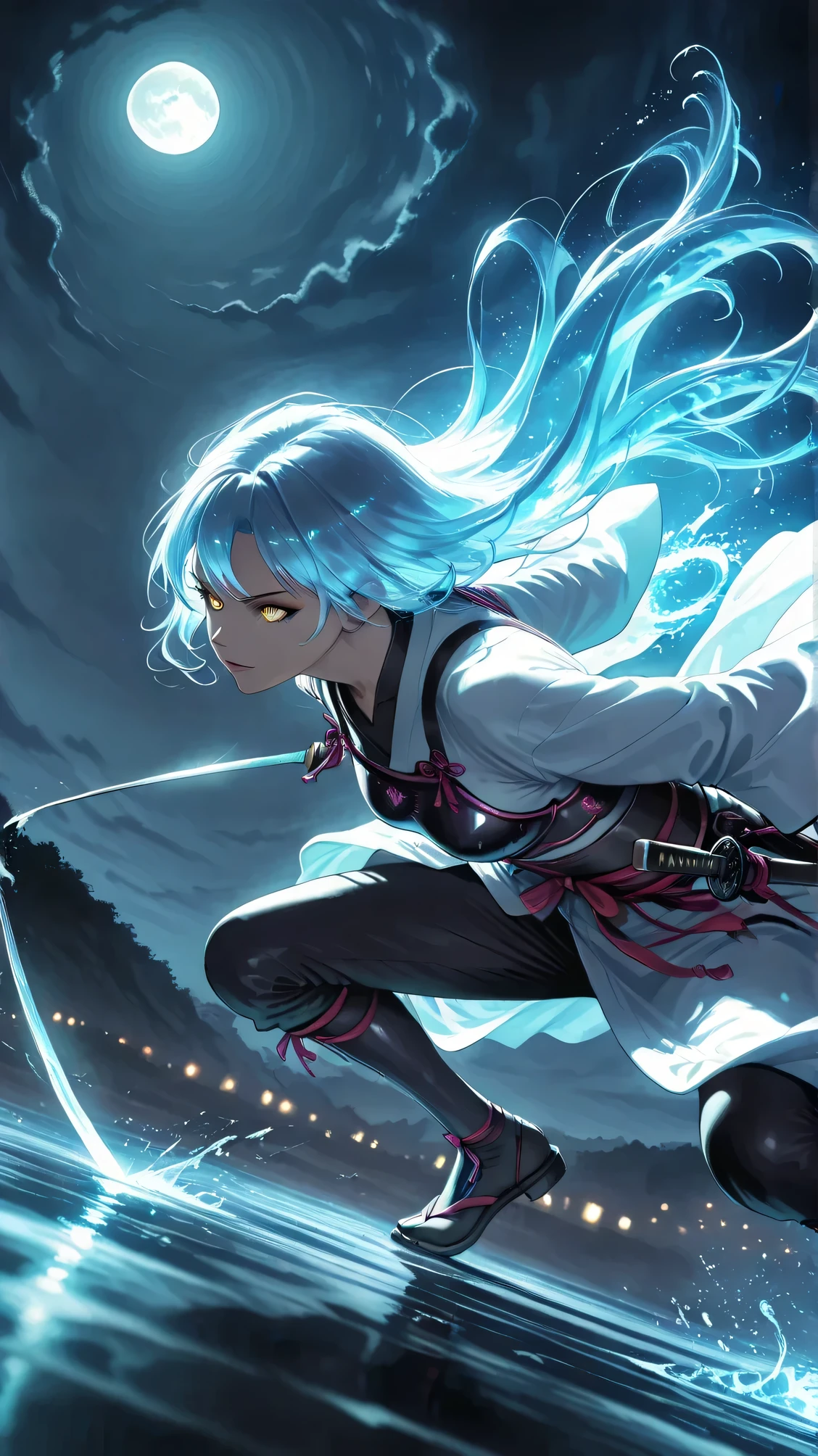 score_9, score_8_up, score_7_up, masterpiece, source_anime,Female SAMURAI,in a dynamic motion,yellow eyes,iris,0 highly detailed, cinematic lighting, dramatic atmosphere, Female samurai warrior in action, precise facial features, intricate armor, flowing robes, katana sword, dynamic pose, intense battle scene, epic fantasy landscape, moody color palette, vibrant colors, 8K, photorealistic, professional digital art,Glowing, Contours,motion efect,water right,moon night
splash of water,HTMの、highly transparent hair,dynamic motion effect,motion blur, (game cg, dutch angle),from side,moon night 