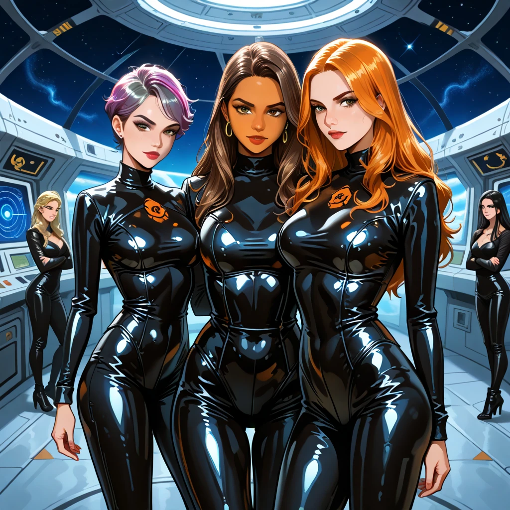 High-quality acrylic painting, VIVID COLORS, lateral point a view, a beautiful woman with brown curly hair, looking at the viewer with suspicious face and a shy smile, red lips, she wears black ultra-sheer BODYSTOCKING, in a command chair in the cockpit of a spaceship