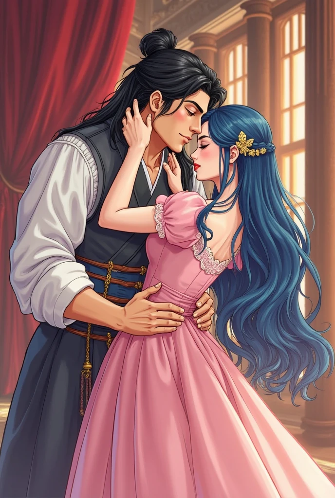 Rapunzel in her underwear and with her hair down hugs Princess jasmine