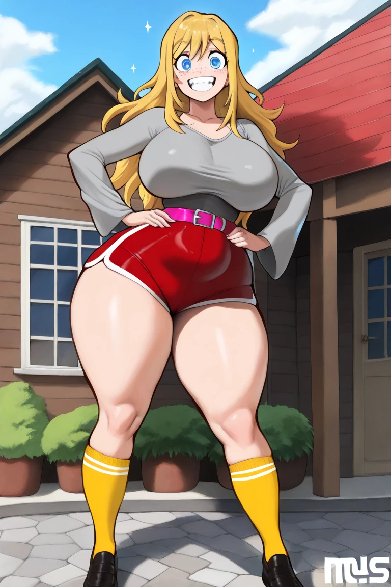 solo, 1girl, big breasts, thick thighs, huge thighs, wide hips, skindentation, ponytail, blonde hair, smile, happy, thick lips, lycra hotpants, running, shirt tucked in, full body, low boots, indian, mature, thin waist, narrow waist, flat abdominal musculature, side view, dutch angle, tanned, seductive smile, gilf, old lady
