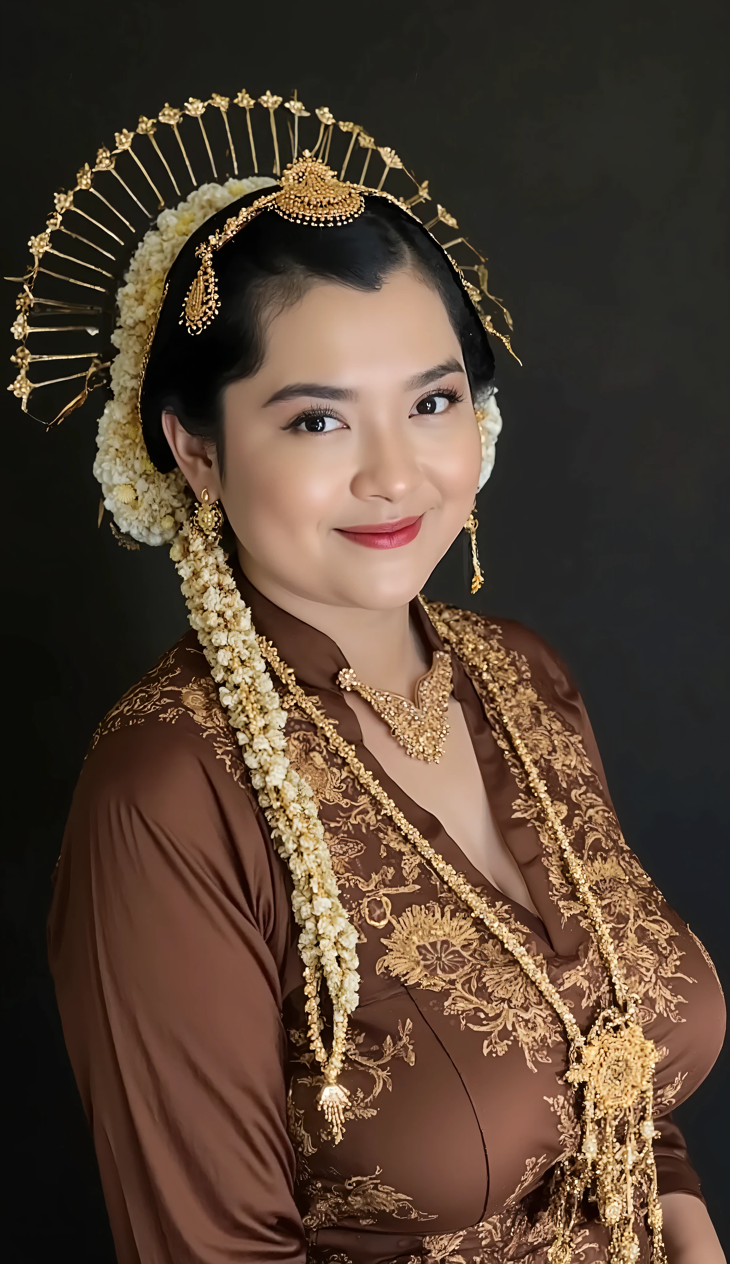 A beautiful indonesian mom 45s has plump body , dressed in traditional Javanese formal attire, She wears a wearing a brown kebaya with gold ornament , paired with a beautifully patterned batik kain in earthy tones . His outfit is completed with a gold-accented hijab, reflecting Javanese culture. Dark photo studio background. She is looking at the viewer with bright and loving eyes. She is leaning forwardal. Close-up of sexy body, very detailed. Soft, professional lighting highlights the textures of the outfit. Hasselblad H6D-400c MS, low exposure, big breast, huge breast, big arms, high contrast, ISO 100, with a 120mm macro lens. bulky belly, bulky breast, milky breast, breast larger than head, huge breasts, wrinkled breast, veiny breasts, lactating, montgomery glands, bright skin, gigantic breast, fat super breast, huge triplet breast, massive nipples, massive gigantomastia, macromastia, inverted nipples, exaggerated gigantic areolas, dark areolas, areolas visible, jiggling breasts, plump lips, ultra detailed breasts, saggy breasts, standing model pose 3/4 body, breast moles, mega cleavage. Closed up.
