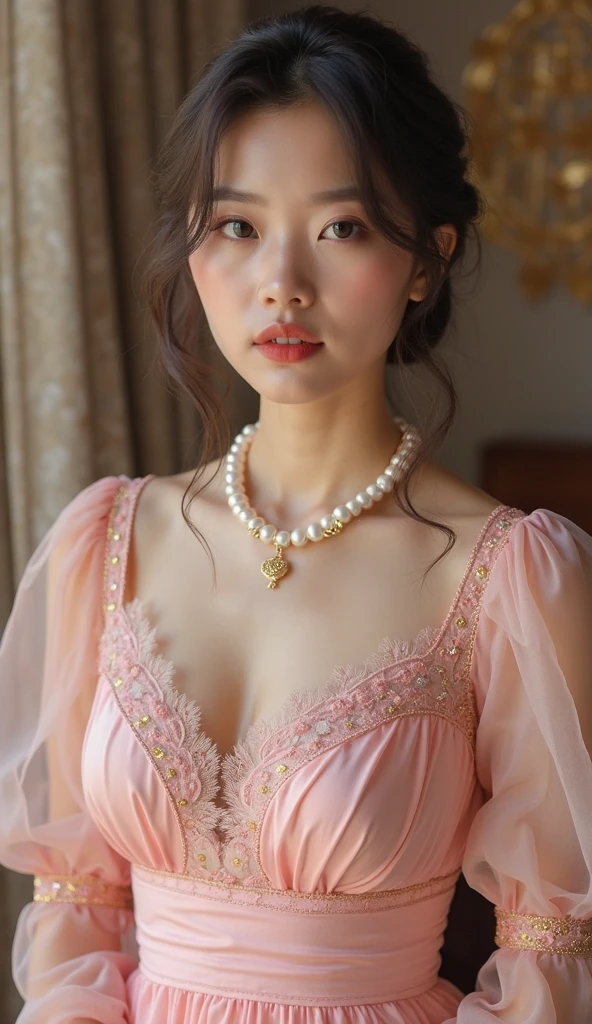 An elegant, mature young woman wearing a pink lolita outfit。Full body front view、Asian、The skin is relatively white、Luxurious clothing、Silky transparent lace on the clothes、Gold wire trim、Jewelry decoration、A pearl necklace hangs around her neck。