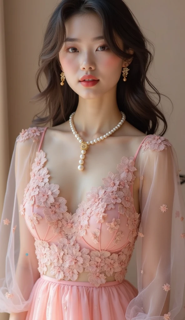 An elegant, mature young woman wearing a pink lolita outfit。Full body front view、Asian、The skin is relatively white、Luxurious clothing、Silky transparent lace on the clothes、Gold wire trim、Jewelry decoration、A pearl necklace hangs around her neck。