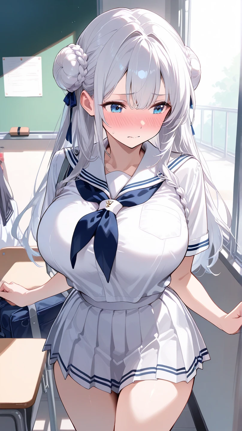 Ultra-high resolution, 8k,high quality,(Ultra-short stature,Gargari body,cowboy shot , ((no hat:1.3))),Slender,Cute hairstyle,(from top),(iridescent light,soft shadow,Anime Painting,thin line drawing),((((super enormous cartoon-like tits,school uniform、Twin tails、Girl、)))),