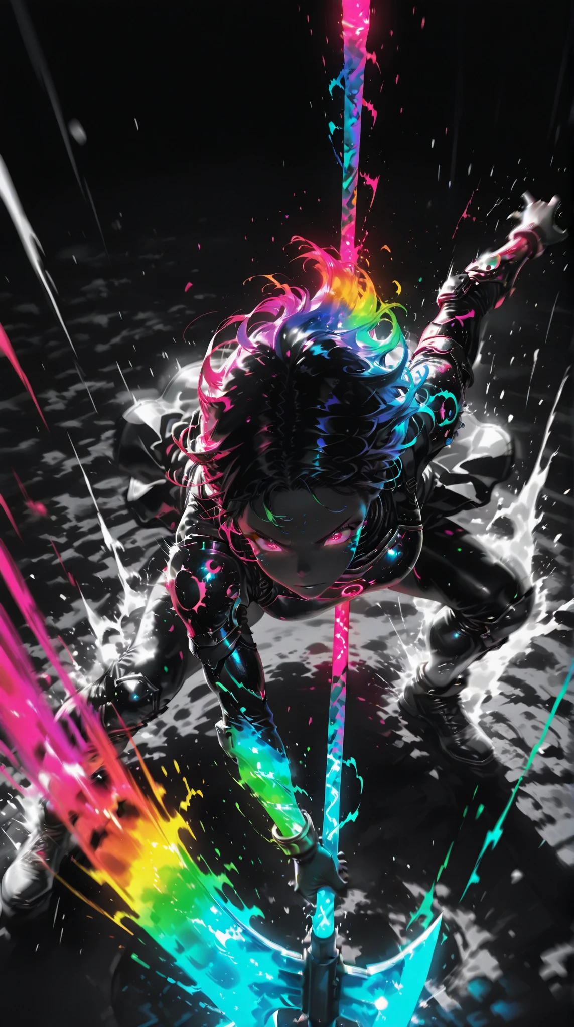 ,,,Limited Palette,colorful ,Glowing Contours,,,,,,, A strong female warrior swings down a pole axe from above、The face is a normal color, not black. (dynamic motion,motion blur:1.2), dramatic action pose、in a dynamic motion,motion blur