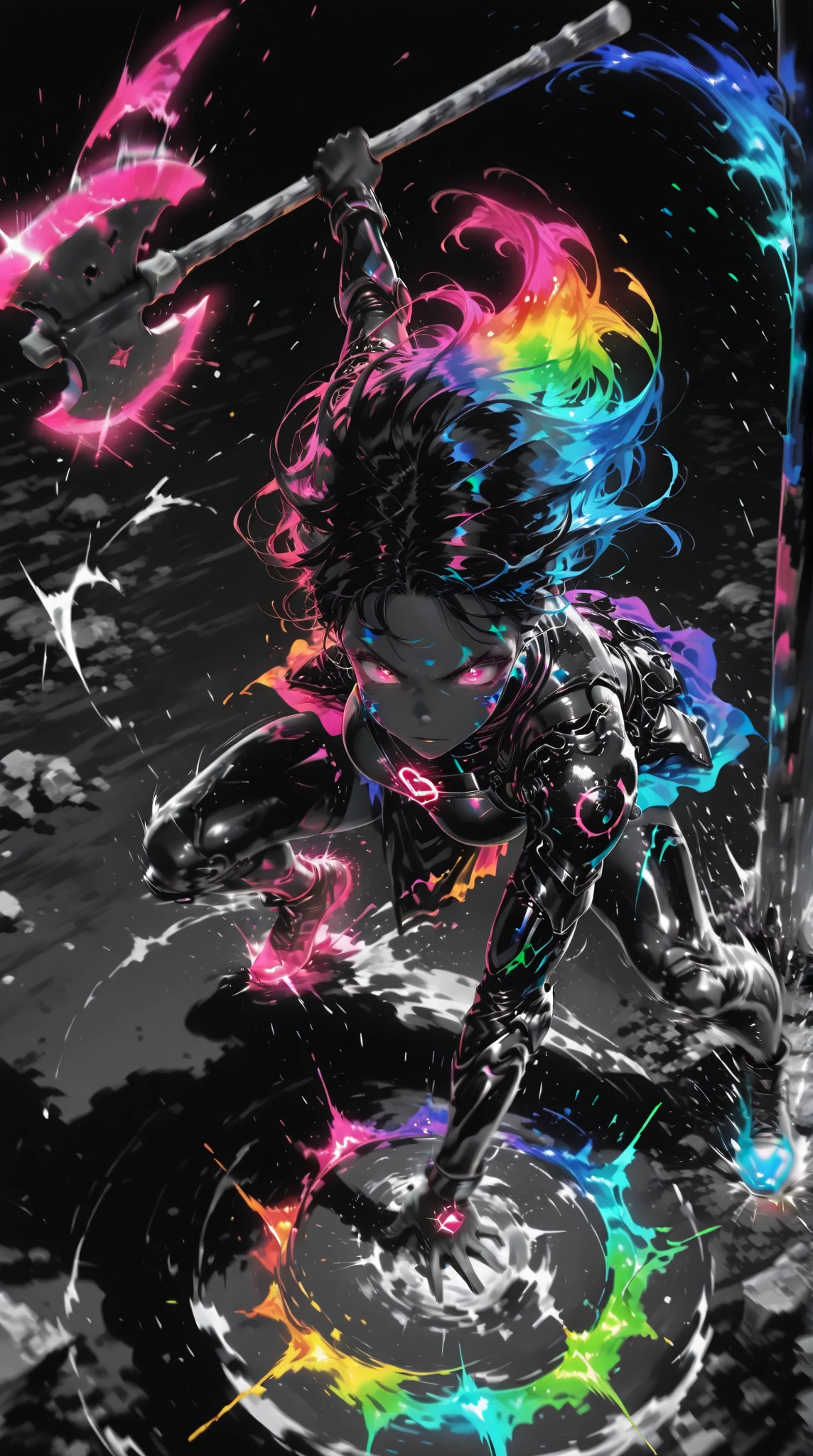 ,,,Limited Palette,colorful ,Glowing Contours,,,,,,, A strong female warrior swings down a pole axe from above、The face is a normal color, not black. (dynamic motion,motion blur:1.2), dramatic action pose、in a dynamic motion,motion blur