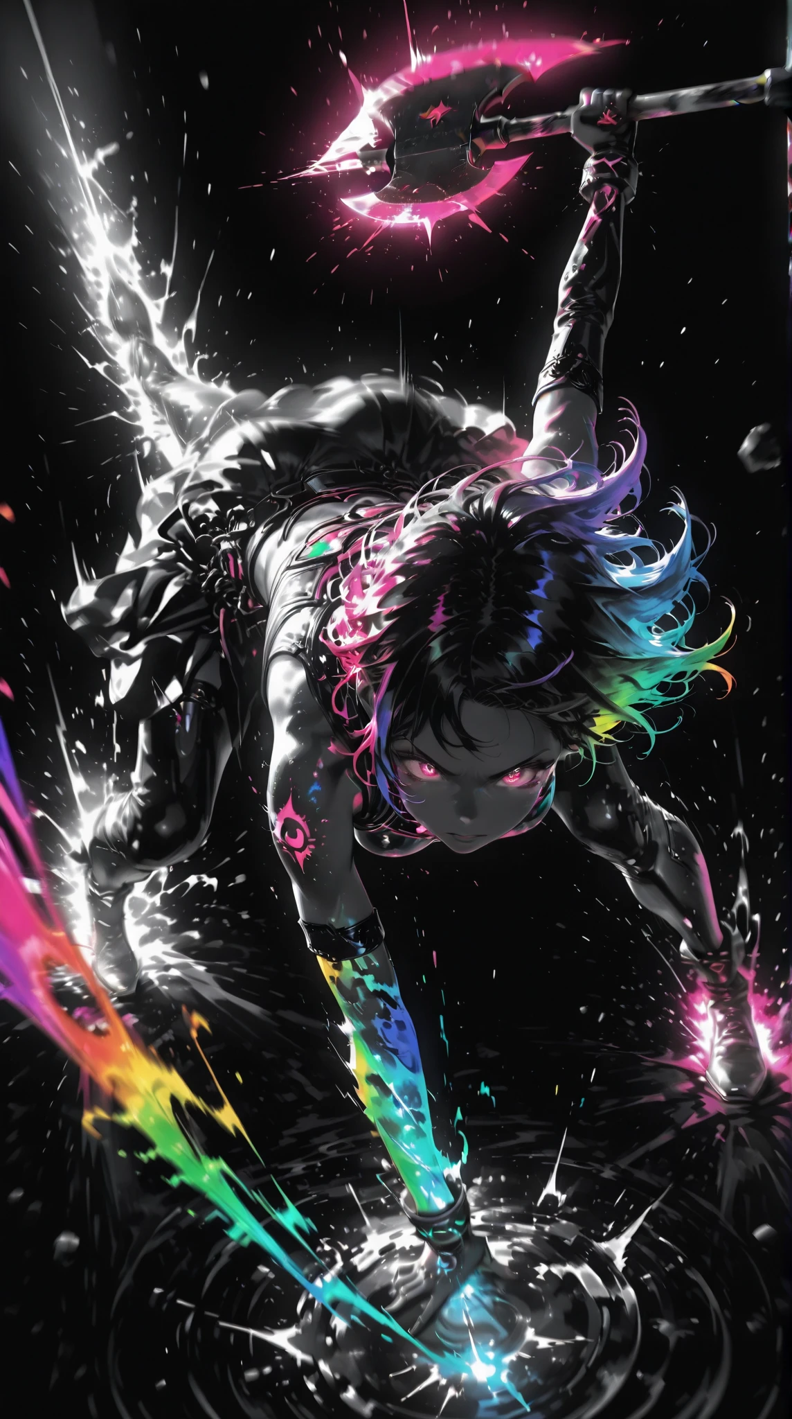 ,,,Limited Palette,colorful ,Glowing Contours,,,,,,, A strong female warrior swings down a pole axe from above、The face is a normal color, not black. (dynamic motion,motion blur:1.2), dramatic action pose、in a dynamic motion,motion blur