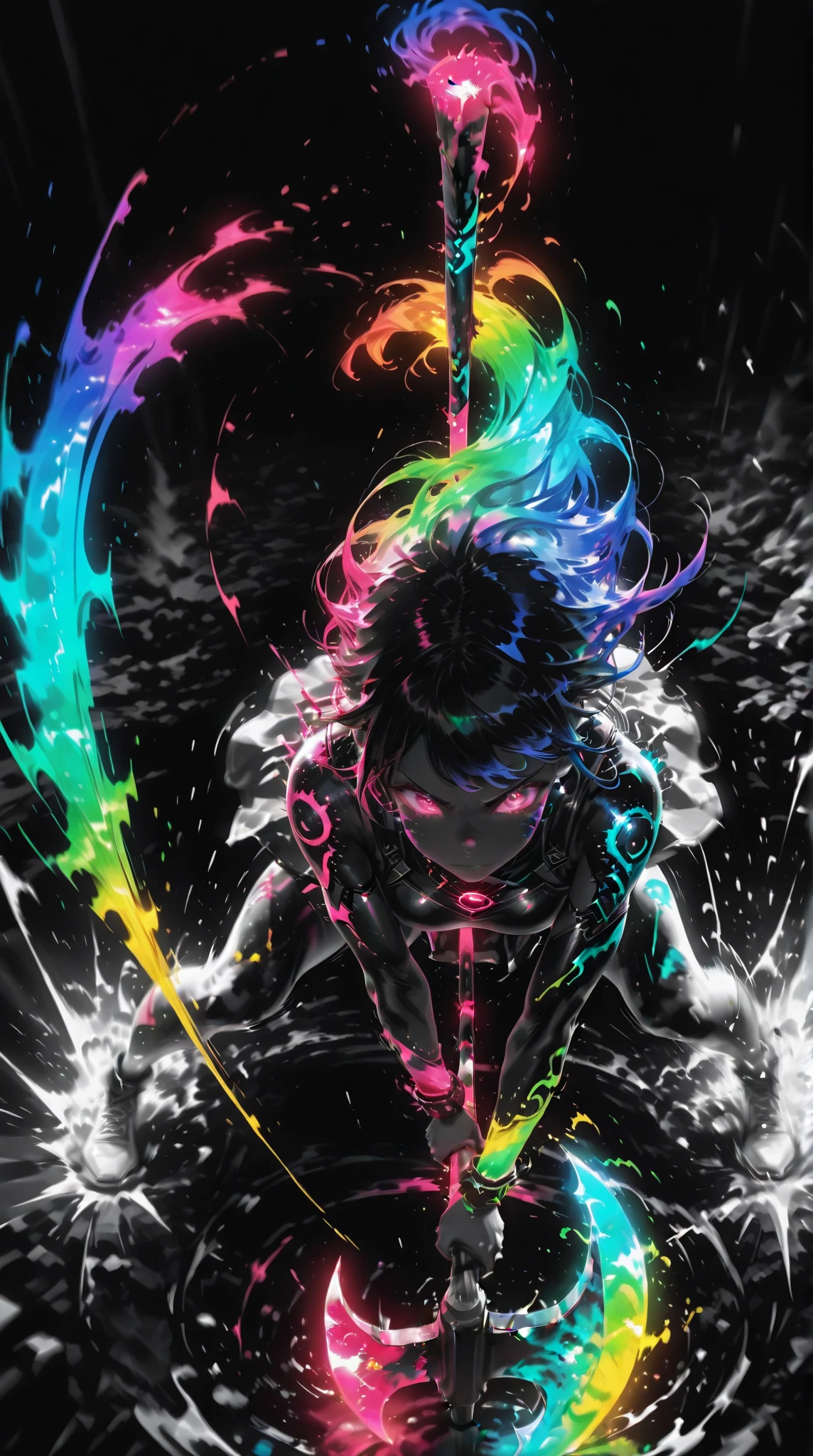 ,,,Limited Palette,colorful ,Glowing Contours,,,,,,, A strong female warrior swings down a pole axe from above、The face is a normal color, not black. (dynamic motion,motion blur:1.2), dramatic action pose、in a dynamic motion,motion blur