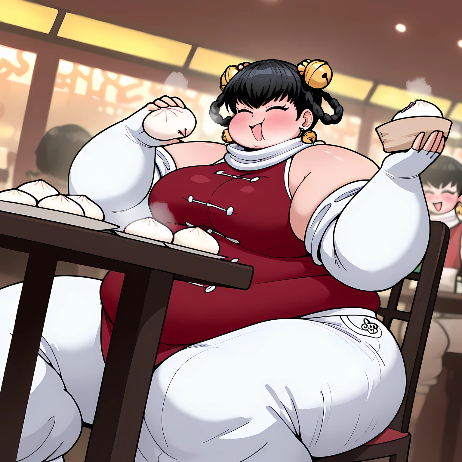 masterpiece, best quality, 1girl, solo opmll, black hair, short hair, hair rings, twin braids, hair bell, earrings, white scarf, red shirt, sleeveless shirt, detached sleeves, elbow gloves, fingerless gloves, white pants, baggy pants, (large breasts:0.7), sitting, chair, table, plate, baozi, holding baozi, happy, closed eyes, puffy cheeks, restaurant, blush, smile fat, chubby, obese, gigantic arms and legs, large breasts open mouth, out of breath, dynamic angle, dynamic pose,