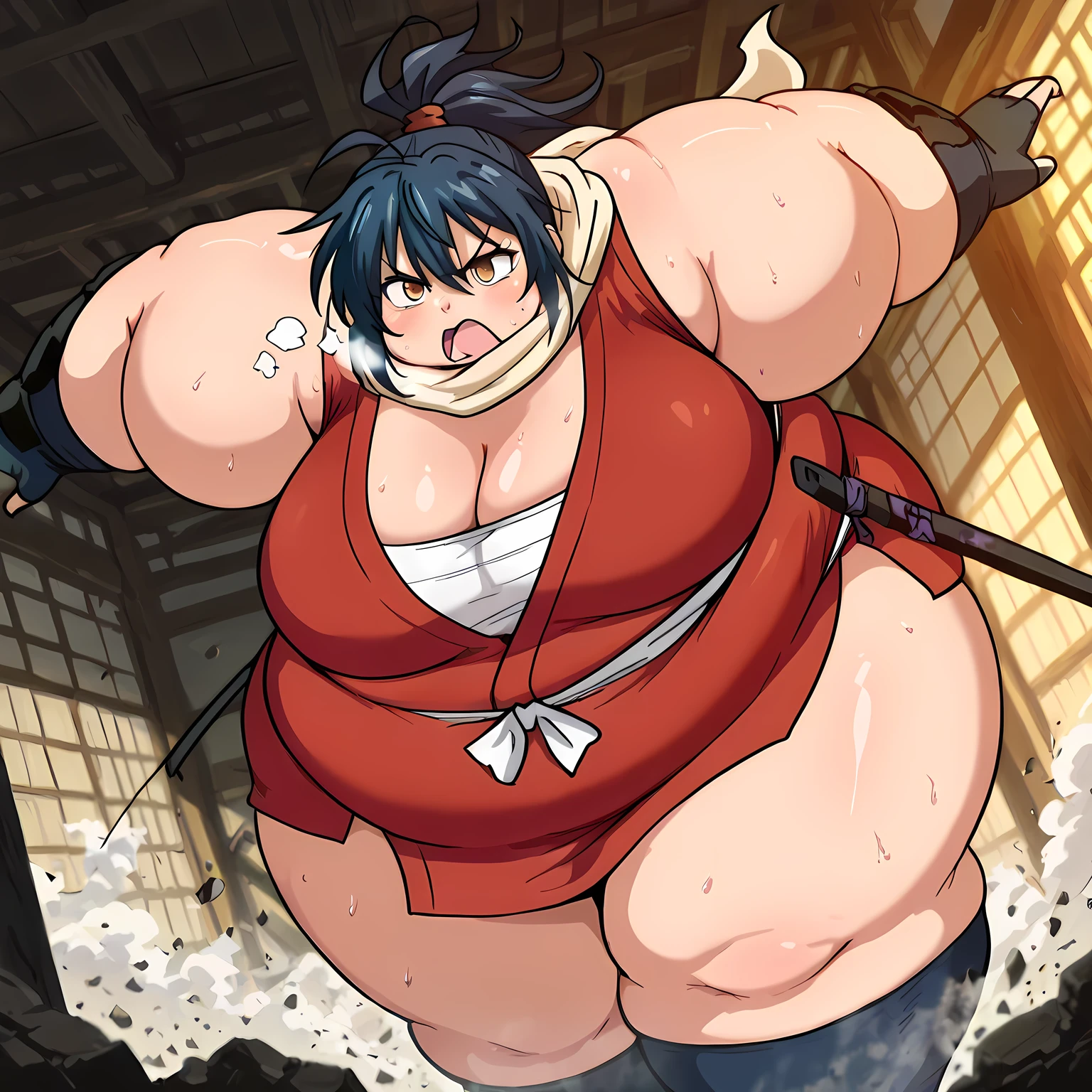masterpiece, best quality, indoors, cinematic lighting, lens flare, flying debris, dust, smoke, amazing quality, very aesthetic, absurdres, best quality, newest, year 2023, Manyuu Chifusa, Main Outfit, solo, weapon, outdoors, sword, sheath, nature, angry, frown eyes, huge breasts, fat, chubby, obese, gigantic arms and legs, large breasts open mouth, out of breath, dynamic angle, dynamic pose,