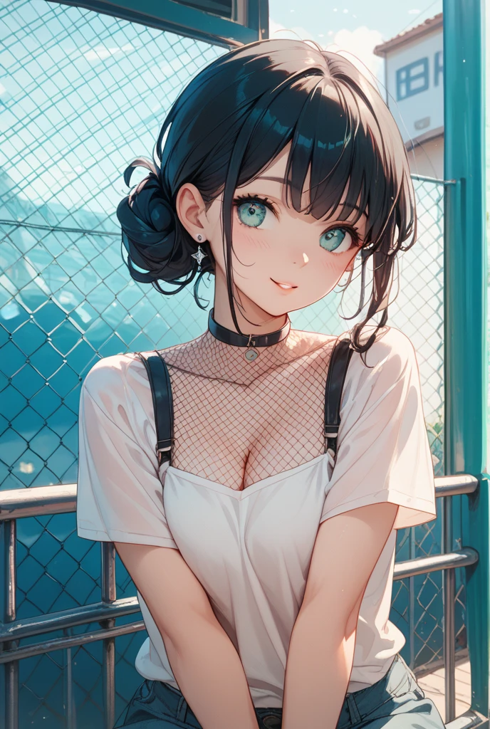 Highest quality、Ultra-high resolution、(Photorealistic:1.4)、Crisp skin、Realistic skin texture、Model body type、White skin、1 person, Adult women, adult, (Thin Hair, black、Faded grey hair:1)、(Big Breasts:1.2)、Cleavage, View your viewers、Close-up、Upper body photo、Tight camisole、White camisole、Silk camisole、Outdoor、