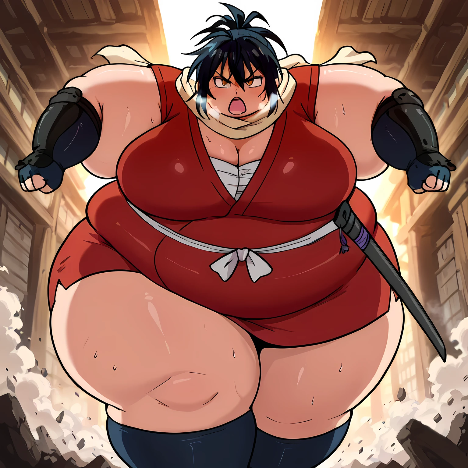 (masterpiece), 4K, high-level image quality、obese Loli wearing ninja clothes、flat breasts, small height, child, Kunoichi、flat chest、A slender、Tense face、On the roof