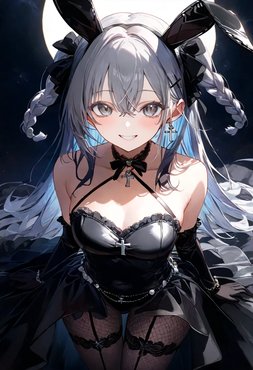 "A powerful yet cute young girl with long, jet-black hair, with one eye partially covered by her hair, adding a mysterious allure. Her visible eye is a bright, clear blue, with intricate details in the iris that sparkle with both intensity and a hint of innocence. She wears a black maid outfit with a modern, armored twist, featuring Gothic motifs and frilly details. She confidently holds an ornate sword, surrounded by a glowing, magical aura. Her skin glows softly, contrasting with the dark outfit, and her expression is a mix of strength and charm. Ethereal effects like glowing particles and lightning arcs surround her. The background is a stormy sky, with a soft glow highlighting her presence."
