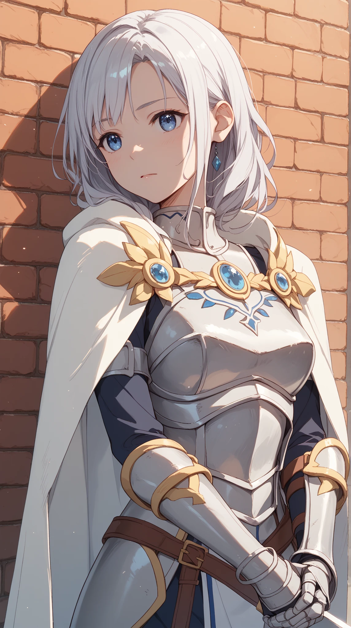 One Female Warrior、upper body、Beautiful woman around 20 years old、long shiny silver hair、Kamihawa's、slender with SMG、blue eyes、white skin、A woman with cool beauty characterized by blue eyes、decorated white platinum armor、platinum boots 、white cloak、A long sword in her right hand 、background is a training ground with brick walls