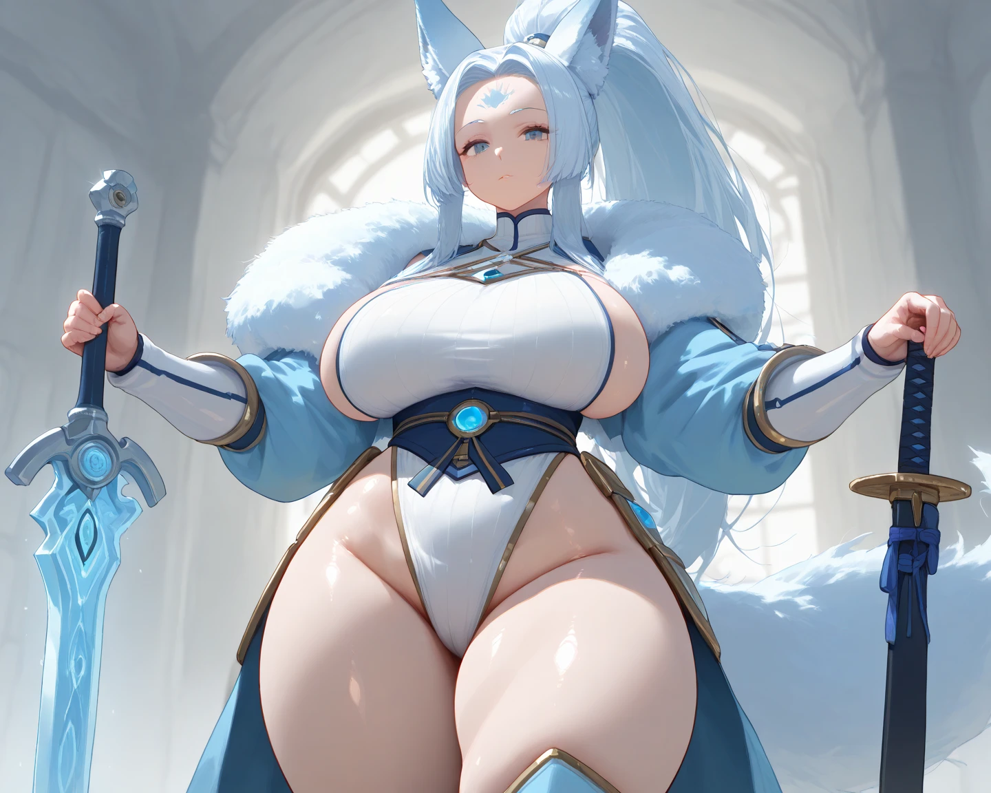bunny girl, solo, white fantasy Healer's armor, grey eyes, long white hair, bushy ponytail, bushy bangs, full body, standing, full body shot, looking at viewer, shy smile, skindetantion, skindentation on breasts, seductive, huge hips, huge breasts, huge thighs, huge ass, white bunny ears with black tips