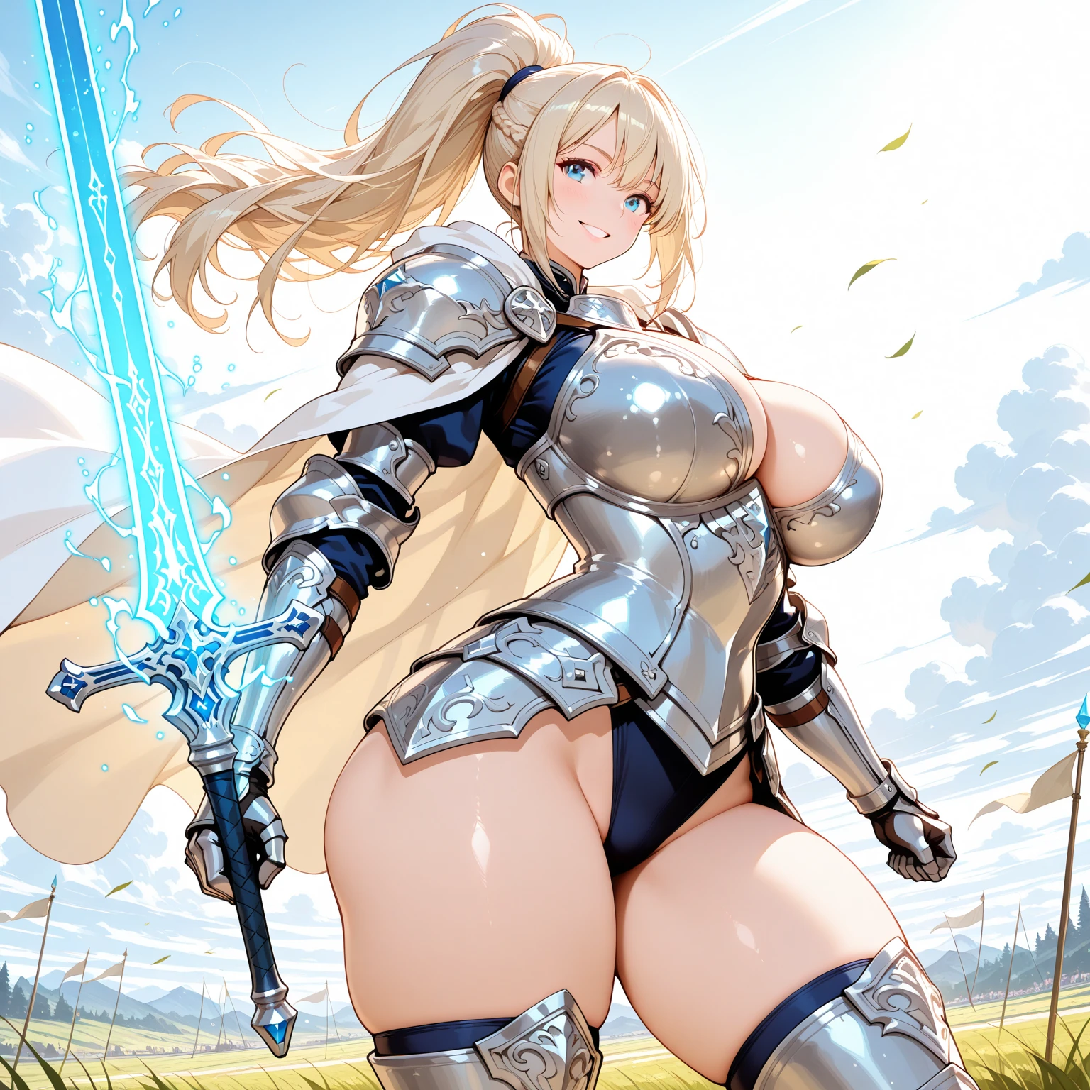 Ultra-high definition image quality、beautiful girl、Female Swordsman、Light Armor、Greeboots、Long Hair、blonde、20-year-old、have confidence々face、Very short tight skirt、Sexy stance、Cowgirl、wilderness、Highest quality,Big Ass、Big Breasts、Thighs、Grasping the hilt of the holy sword Excalibur、Pure white, luxuriously decorated panties、Jump with big strides and kicking off with your feet、Joan of Arc style clothing、Wind King Barrier、Her hair is fluttering in the wind、The Sword of Promised Victory、god々Wearing a new aura、Big Ass、Valkyrie the War Maiden、Crotch close-up、Angle from directly below