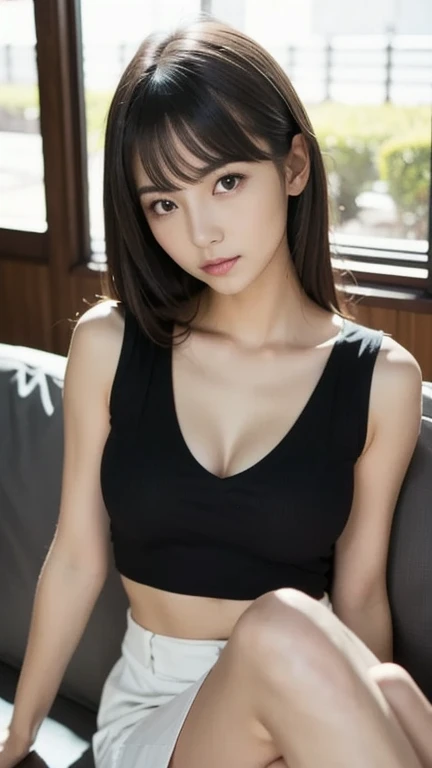Gaze, High resolution, masterpiece, Highest quality, High detail, Textured skin, Long Hair, chest, Blushing, Red eyes, Sports Bra、Tight fitting black pants、Angle from below、Crouching