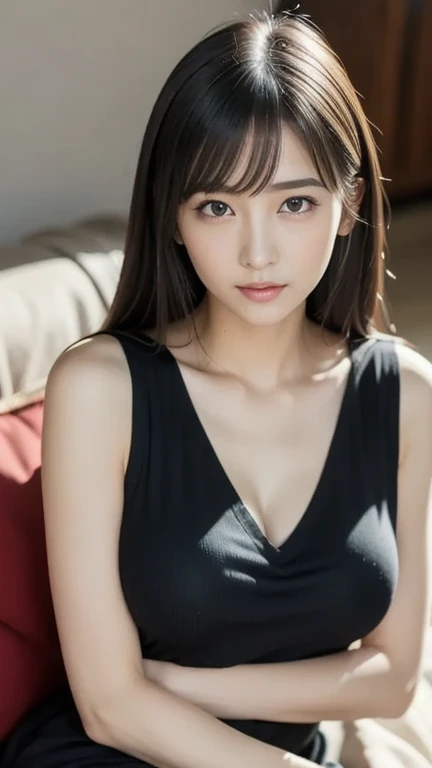 Double、Japanese、Black Hair、Hair Bun、Black dress、Large Breasts、high quality、Inside the room