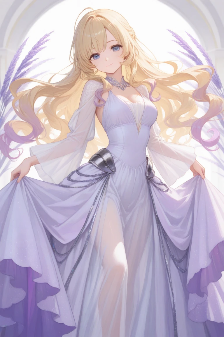 criin, 1girl, bangs, column, criin, crown, crystal earrings, crystal wings, dress, earrings, game cg, gem, high heels, highres, jewelry, krista (shining nikki), lavender dress, long hair, necklace, official art, pillar, platform footwear, platform heels, rain, ring, ruins, see-through, see-through skirt, shining nikki, skirt, solo, thighhighs, transparent wings

, ((masterpiece)),  <lora:criin_offset:1>
