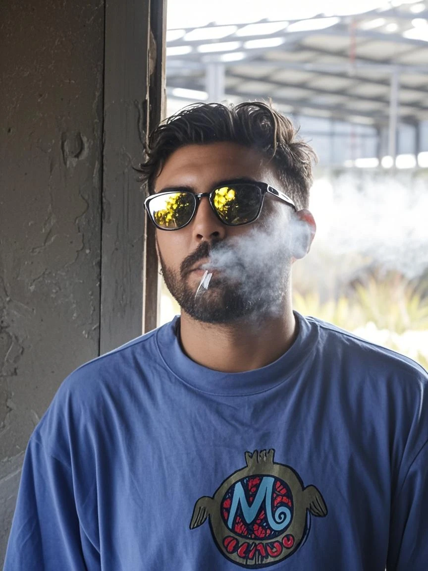 Best image quality, ultra realism, seated man, 20 year old face, rounded head, hair forehead, glasses lens matte black, no beard, round chin, smoke coming out of mouth, smoke covering mouth and nose, shiny silver chain, bodybuilder's body, skin texture, well-defined pixels, well-defined shapes, well-defined image