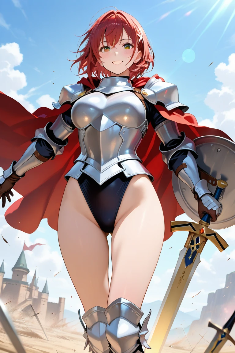 (Masterpiece, Best Quality, High Quality), realistic art,volumetric lighting, illustration, beautiful, perfect lighting, perfect shadows,Nishikino maki , cowboy shot, (silver armor:1.2), red latex microskirt, thighs, solo, purple eyes ,red hair ,in mountains,under moonlight,big breasts , underwear visible 
