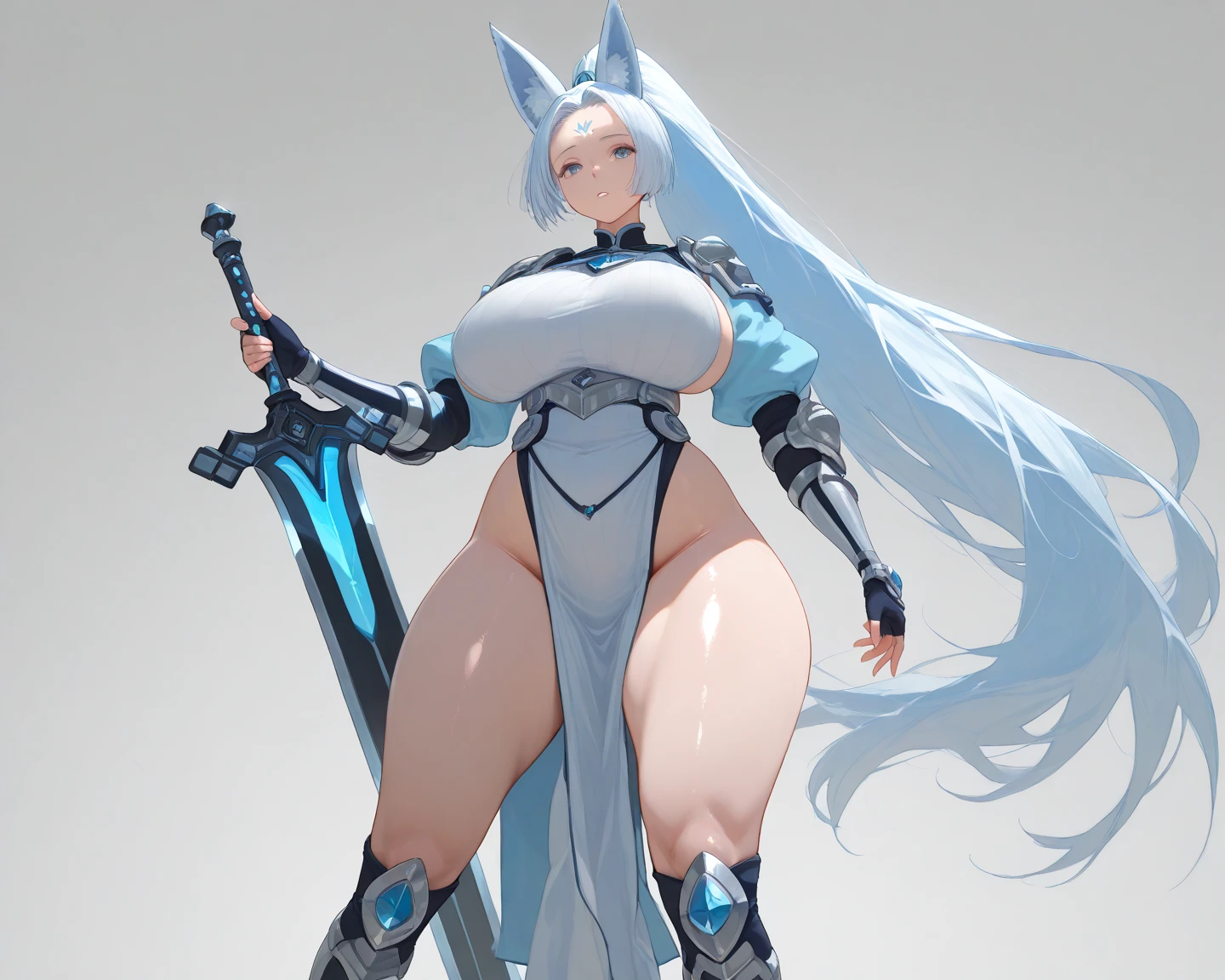 (blue fox), anthro, blue fur, blue, ((small bikini)), black, (underboob, under boob, cleavage), (wearing armor leggings), cleavage overflow, bra spillage, high detail, high resolution, raw photo, gray background, 1girl, solo, (huge massive breasts), high quality, hi res, sharp, detailed body, detailed, cartoony, ((looking at viewer)), angry, mad, muffin top, whole body, ((full body portrait)), far away, (((full body concept))), attack pose, battle pose, sword pose, ((holding sword)), Medieval, rpg, ((nipple outline)), (erect nipple), huge nipple, thick thighs