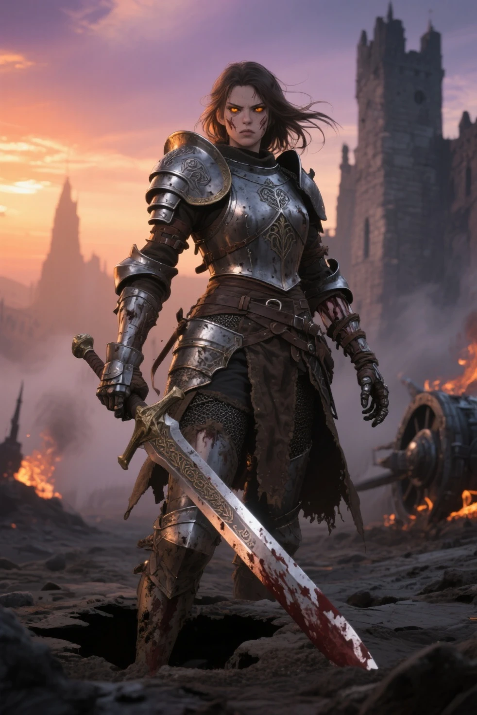 A muscular female heavy-armored warrior in scratched and blood-splattered plate armor, full helmet covered in dirt, wielding a massive axe, sweat dripping, intense gaze