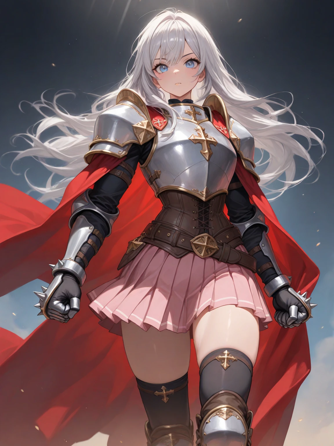(masterpiece, best quality:1.2), solo, 1girl, ragnaroklordkn, smile, looking at viewer, long hair, white hair, blue eyes, armor, shoulder armor, pauldrons, cape, gauntlets, skirt, thighhighs <lora:attire_ro_lordknight-10:1>