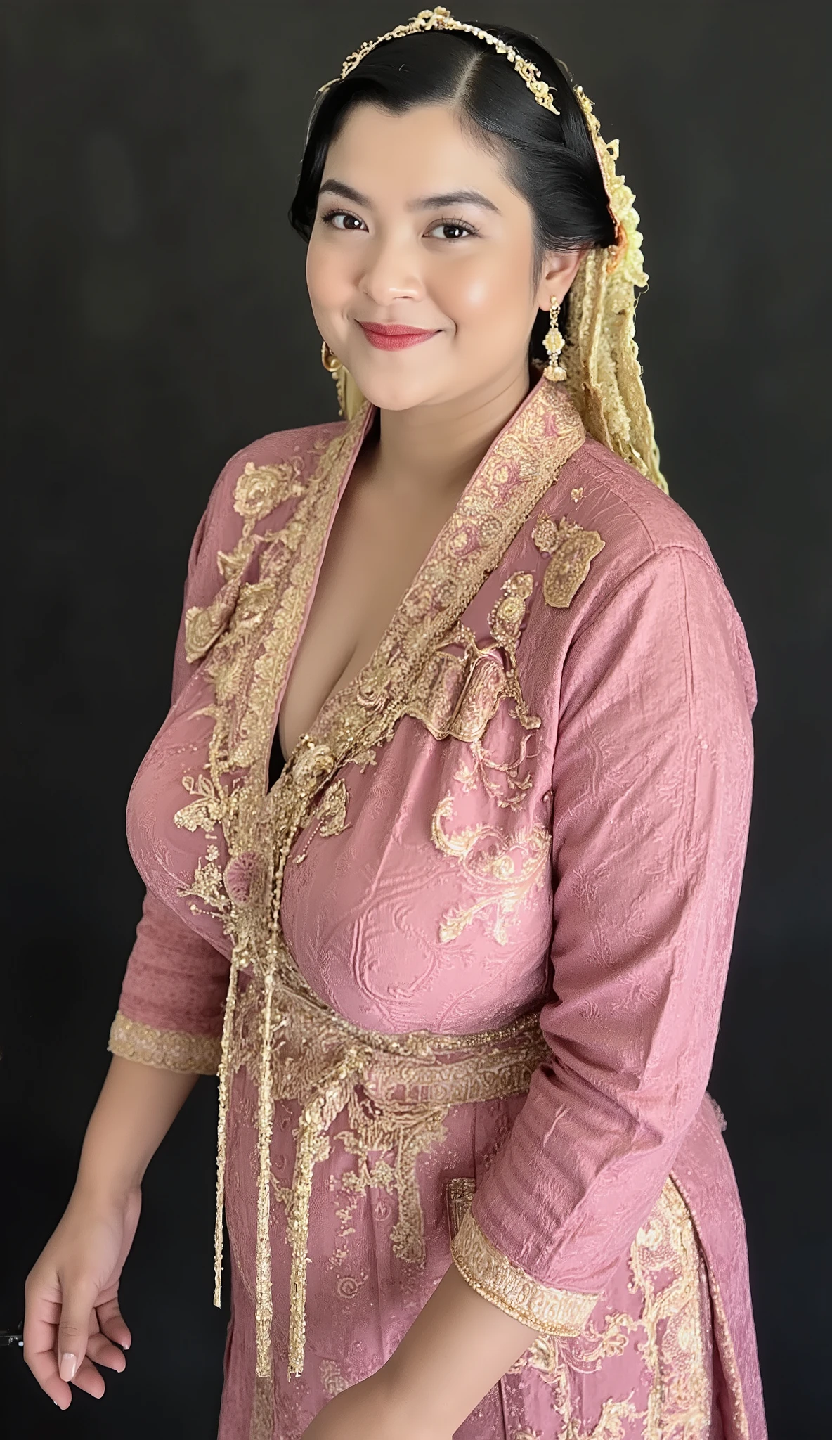 A beautiful indonesian mom 45s has sexy hot mommy mature milf plump body, dressed in traditional Javanese formal attire, She wears a wearing a pink kebaya with gold ornament , paired with a beautifully patterned batik kain in earthy tones . His outfit is completed with a gold-accented hijab, reflecting Javanese culture. Dark photo studio background. She is looking at the viewer with bright and loving eyes. She is leaning forwardal. Close-up of sexy body, very detailed. Soft, professional lighting highlights the textures of the outfit. Hasselblad H6D-400c MS, low exposure, big breast, huge breast, big arms, high contrast, ISO 100, with a 120mm macro lens. bulky belly, bulky breast, milky breast, breast larger than head, huge breasts, wrinkled breast, veiny breasts, lactating, montgomery glands, bright skin, gigantic breast, fat super breast, huge triplet breast, massive nipples, massive gigantomastia, macromastia, inverted nipples, exaggerated gigantic areolas, dark areolas, areolas visible, jiggling breasts, plump lips, ultra detailed breasts, saggy breasts, standing model pose 3/4 body, breast moles, mega cleavage. Closed up.
