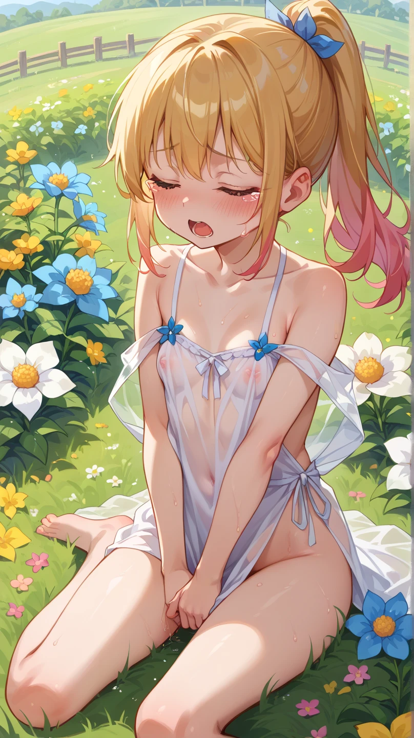 ,gwen,background 1 tree,leaves 1 pink,floor 4 flowers, body 1 good shape, eyes 1 tender,angry face 1, cheeks 1 blushing, eyes 1 tears, NSFW 