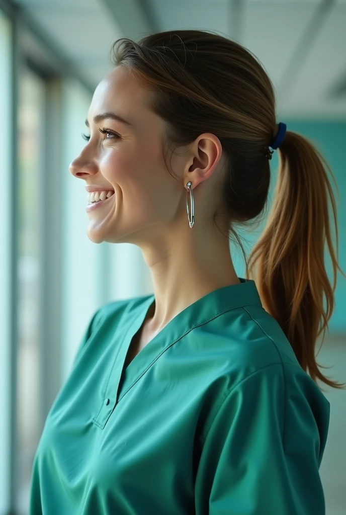 Ultra realistic, Cinematic,young surgigal nurse, swedish teeanger girl, 17 years, blonde hair , standing, working in surgery, body, pale skin, beautiful face, big smile, detailed face, ultra soft and ultra light slight small ultra dark-ocean blue women hospital scrubs, dark ocean-blue hospital scrubs, wide angle showing full body, hospital ward, people, bokeh, short hair tied up as hair bun / Chignon