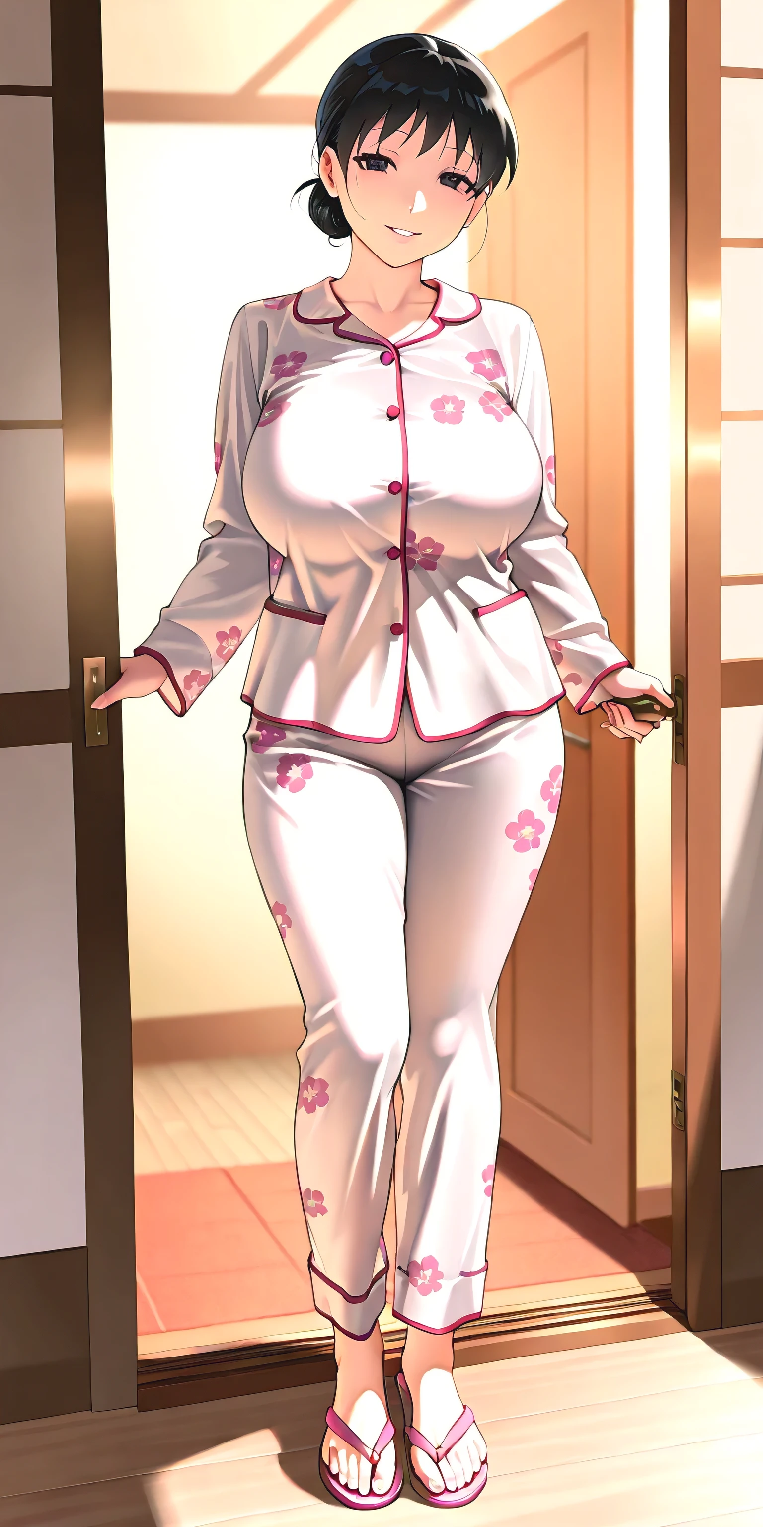 Masterpiece, newest, vibrant, very aesthetic, high contrast, mature woman, shizuka minamoto\(doraemon\), tall, big breast, white pajamas with floral motif, pink flip flops, full body, parted lips, smile, front of the door, best quality, semrealistic, fullmetal alchemist anime style, full view, looking at viewer