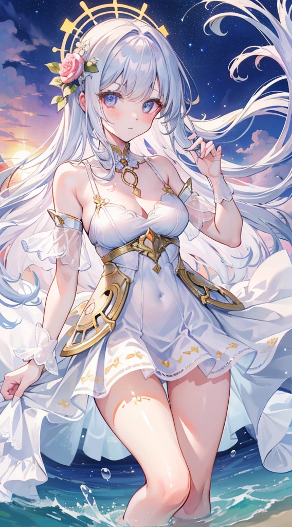 realistic, 1girl, white hair, white shining skin, big round breasts. slightly muscular body, sexy hot body, purple eyes, shining eyes, crop top, skirt, open lips, blush, night, flowers, sun, sunshine,