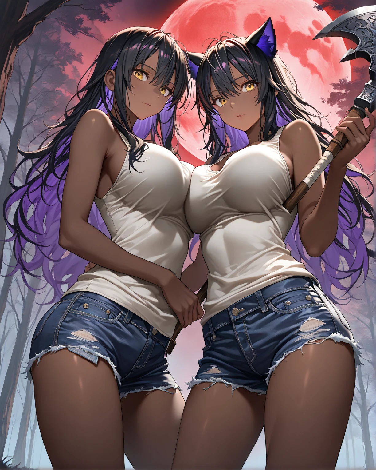 1 female、woman with very long black hair、Busty women、Large areola、Spectacular views、Night Scene、The view from the top of the hill、Full moon night sky、swirling starry sky、8K、Best Quality、The woman's whole body is in the photo、The woman is wearing a miniskirt and her crotch is visible.、Open neckline golf wear、Pink thong showing through、With a golf club、Sitting squatting、Floral embroidered bra
