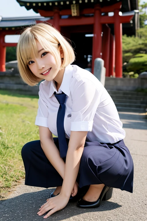 nsfw, (8k、RAW Photos、Highest quality、masterpiece:1.2),(Very short blonde bob cut:1.3),Looking away,Facing in a different direction、Rear view,erotic,White skin,(White panties),masterpiece,Highest quality、Ultra-high resolution,One person, One personで,whole body,high school girl,Japanese women、(Realistic:1.37)、Photon Mapping,Realistic、(Cute Face、Round face: 1.4)、Baby Face、Attractive face、Blushing、(Red tie)、Radio City、Physically Based Rendering、prospect、Written boundary depth、Blurred Background,Beautiful legs, Nose Soft,(Light blue shirt), (navy, Short sleeve、She is taking off her navy blue pleated skirt), I can see your knees,(Thigh close-up:1.3),Nogizaka Idol, , Japanese Ido、Small, flat chest、whole body写真、Super Definition、White loose socks、Brown leather shoes、Outdoor stairs、Blonde bangs、Pussy streaks on panties、Long eyelashes