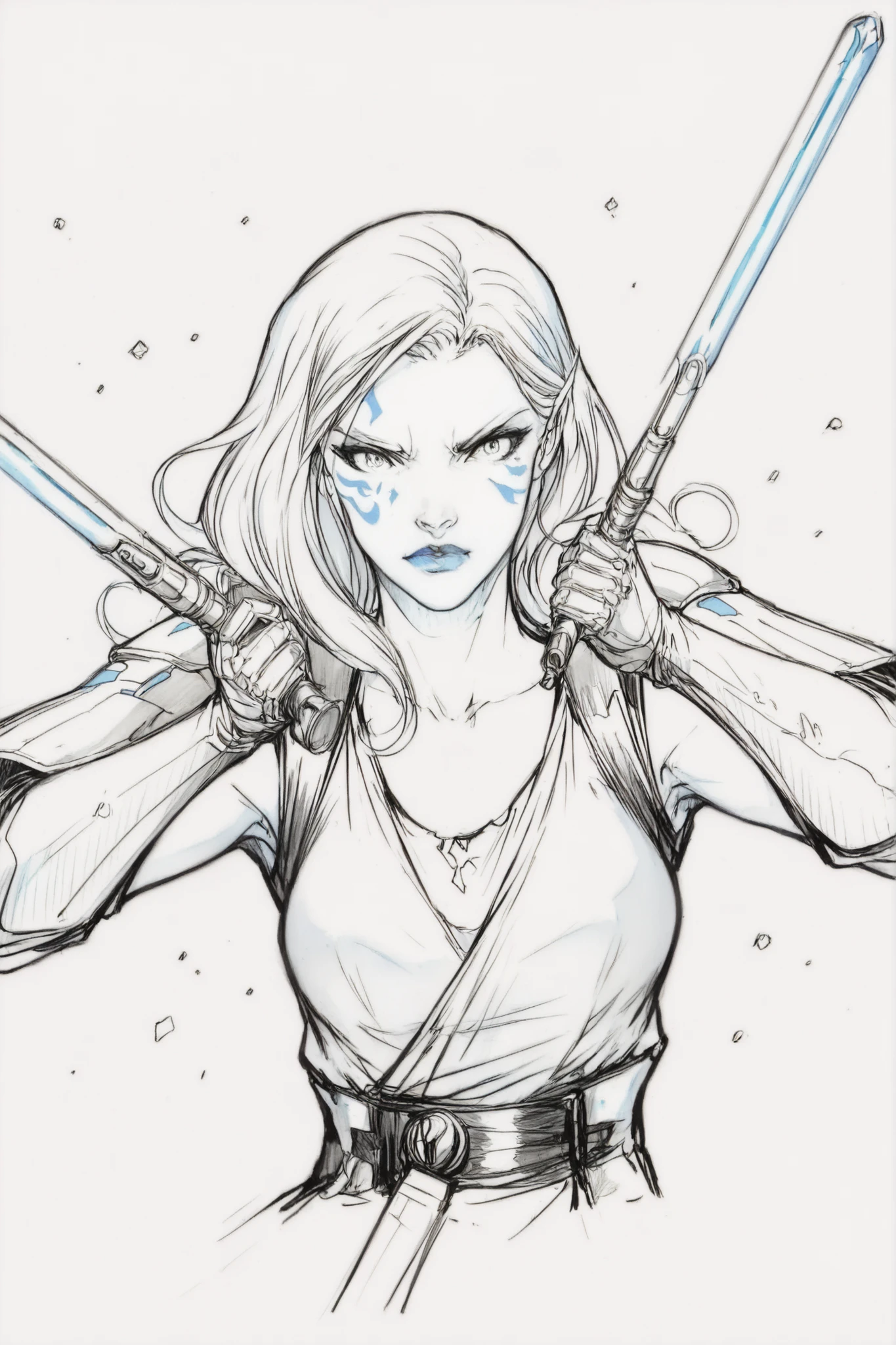 KateR, Pencil sketch, lineart, monochrome, Jarael, alabaster white skin, blue tattoos, facial mark, wearing body armor, dual wielding swords, crystalline swords, dynamic stance, ready to fight, dark background, a village on fire in the background, very detailed, star wars aesthetic, masterpiece 