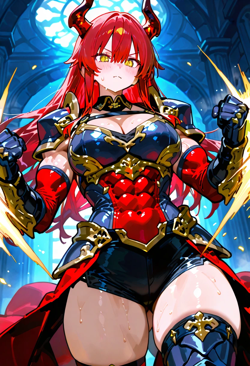Highest image quality，Outstanding details，Ultra-high resolution，4K image, assembly, best quality, masterpiece, movie lighting ，Sexy，Huge breasts，cleavage，in combat operations，The flash of light in the hand，Golden lightning surrounds，red wavy hair，Red eyes，Lipstick，Gold Armor，Amot hardware has cracks，in ruins，The ground cracks