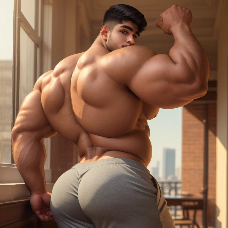 full body view.one over-muscular blonde bodybuilder male with undercut haircut. One arm raised flexing incredibly over-inflated triple-biceps bigger than his head. Posing in front of a waterfall. Broad well developed wide shoulders and absurdly over-inflated over-bloated round pecs Well defined abs. Thick muscular legs. Wearing only shiny glittering golden briefs and golden socks. golden socks must be seen