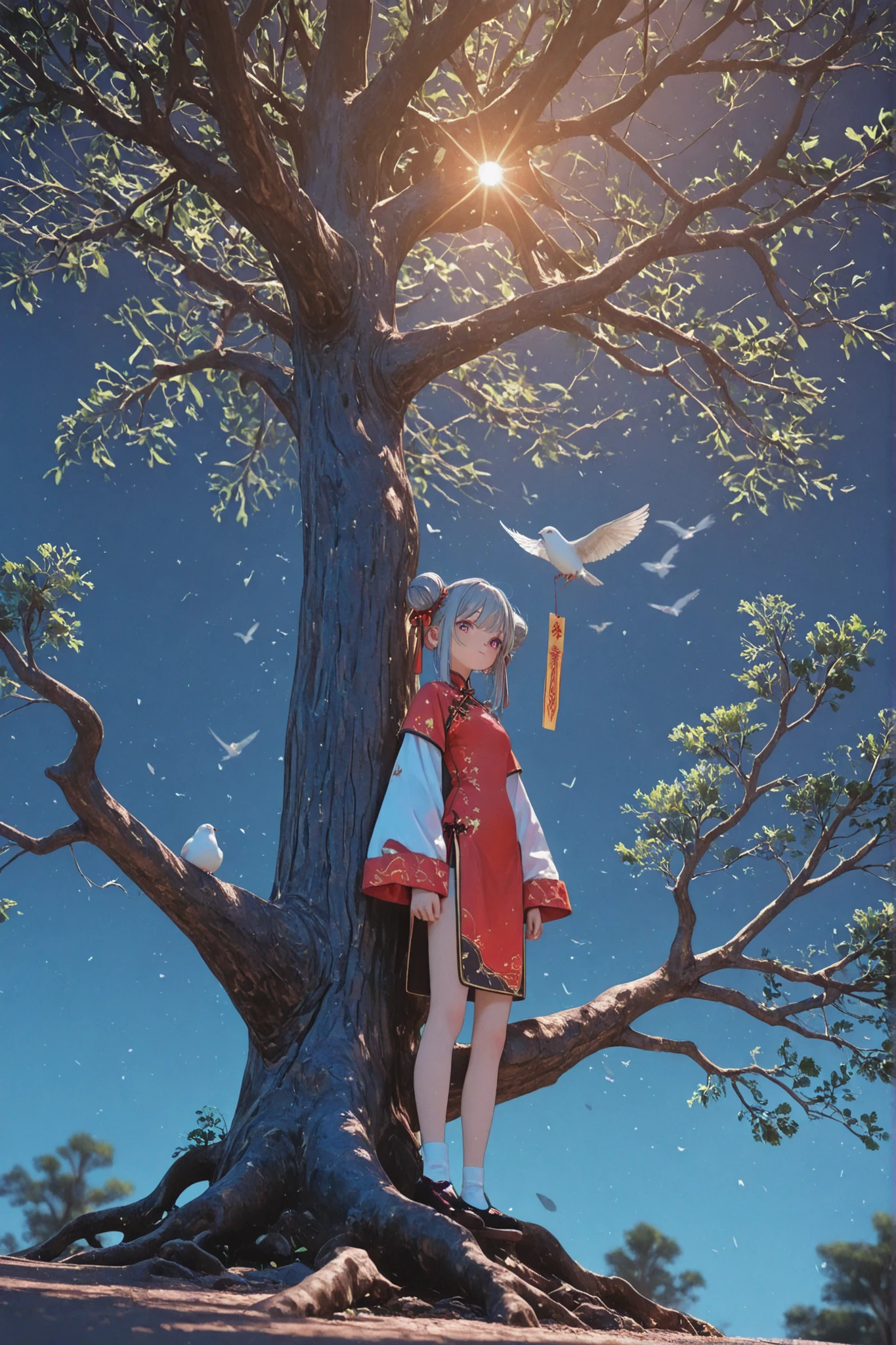 水彩画風、 淡い色、明彩度、人物クローズアップ、a girl in a black Chinese dress with ダークgray hair in a twin bun, [holding a talisman],  talismans flying in the air, [some of the talismans have turned into white birds and are flying] ++,[standing on the branch of a huge tree stretching diagonally upwards from the bottom of the screen and looking at the distant scenery], fish leaping on the watemasterpiece, ultra detailed, insanely detailed, anatomically correct, beautiful face, precise, beautiful, highres, looking at viewer, realism, 3D render, dynamic angle, wide shot, golden ratio, shining lights, cinematic lighting, wide-angle lens, depth of fieldmasterpiece, ultra detailed, insanely detailed, anatomically correct, beautiful face, precise, beautiful, highres, looking at viewer, realism, 3D render, dynamic angle, wide shot, golden ratio, shining lights, cinematic lighting, wide-angle lens, depth of field
