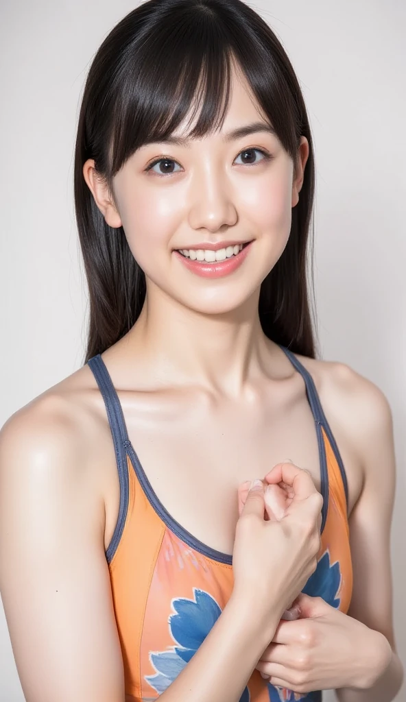 upper body, big eyes, flat chest, (arms behind back:1.1), make up, sport-bra, baby face, smile, long hair
