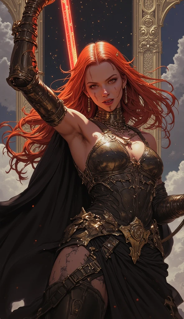 EdobHorrorLandscape, painting of a woman with flowing dark red hair, peter mohrbacher, kbak, gorgeous brown eyes, surreal, fantasy design, epic hellscape background, ample cleavage, rich brown eye color, masterpiece, semi-realistic, photo quality, high detail