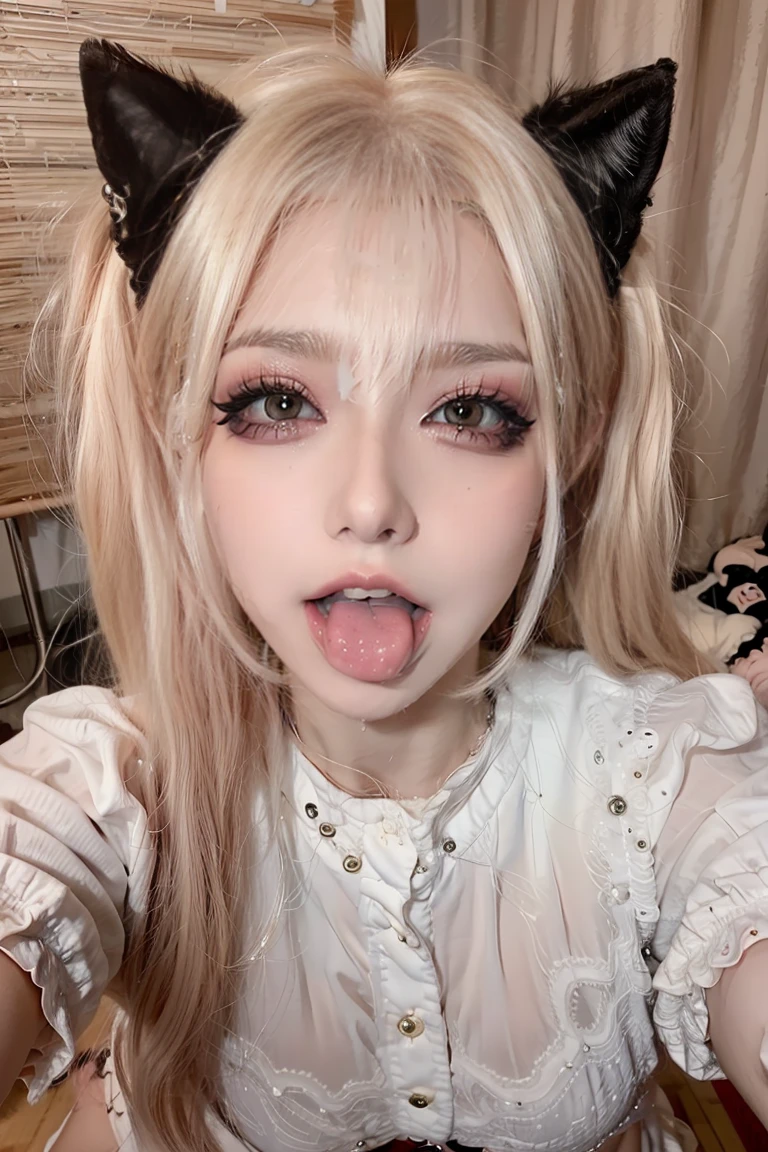 1Girl, (Stick out your tongue), (tongue), The ultra-Highres, Photorealistic, Best Quality, in 8k resolution, Masterpiece, cat ear, ((Choker, ratex, Tight swimwear)), tanktop, ((Close Face View)), (ahegao), knee, Oh face, open your mouth wide, Stick out your tongue and take it.., Put one hand over your mouth, Ecstasy, (White liquid on the face), face up, Shoot from above, (White liquid dripping from the mouth), The tongue sticks out., (Accumulation of white liquid on the tongue), an ecstatic look, There is a large amount of white liquid in the mouth, White liquid on the chest, Delicate fingertips, Complex fingertips, NSFW (New South Wales) (New South Wales), Eyes are thrown back.., eyes open, zero two