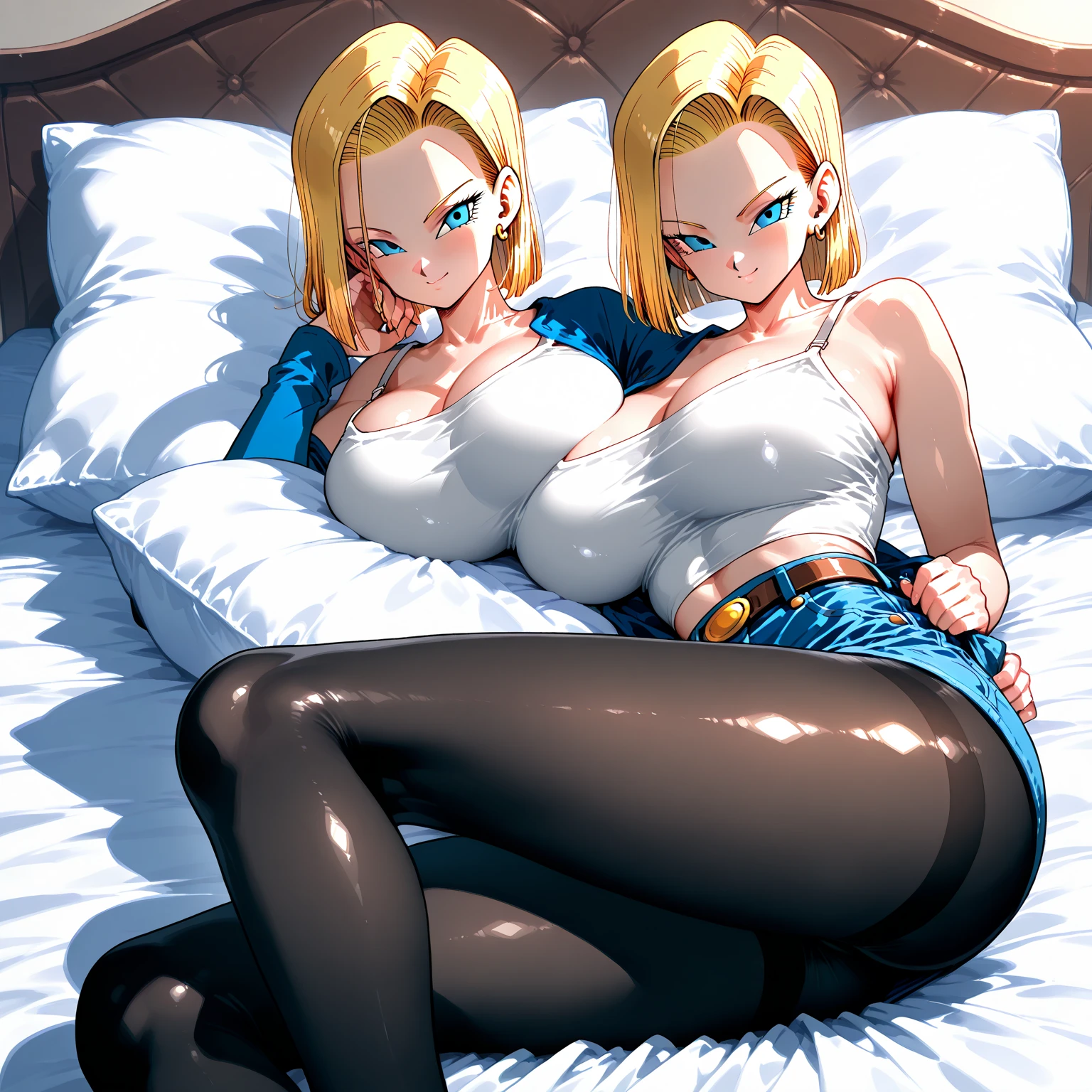sysdeep_android18, ((short blonde hair, bangs, glowing blue eyes, makeup, narrow waist, skinny, big breasts)), pelvic curtain, ((white panties, white bra)), full body, perfect body, (insanely detailed, beautiful detailed face, masterpiece, best quality) , (((solo))), (((1girl))), (((mature))), (extremely detailed 8k paper CG wall unit: 1.1), (bed, bedroom, night), (smile face for the viewer), Rest on stomach, feet up