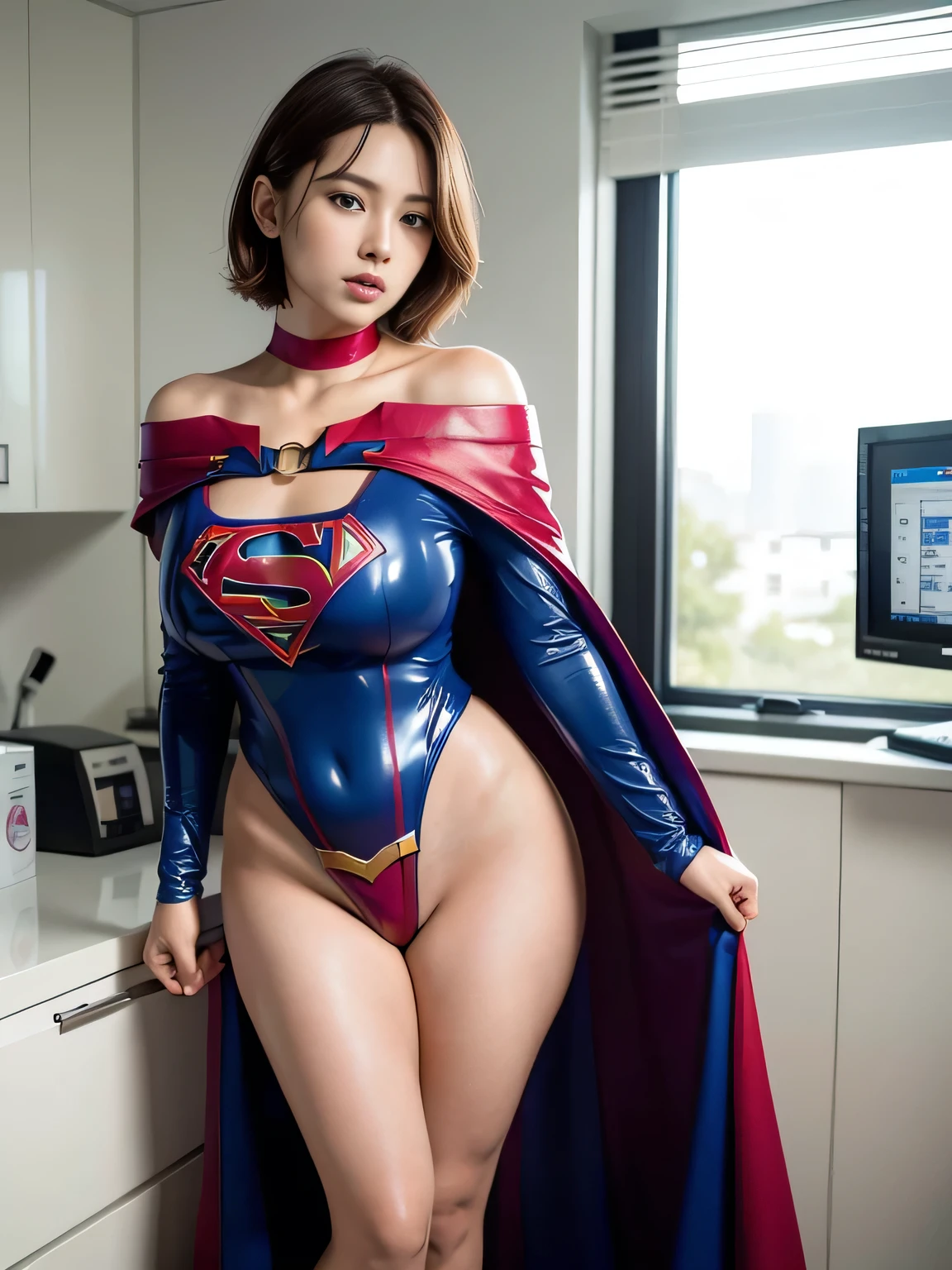 masterpiece、Supergirl Costume、short hair、barefoot、Big and ample breasts、Crisis situation、Complete surrender、Inside the prison、torture chamber、Abused、Humiliating torture、Squatting Pose、shiny sweaty skin、looking at the camera、choker、Long sleeve、Sexy poses to seduce、Off the shoulder、latex、from right in front、Crotch tearing、athlete、
