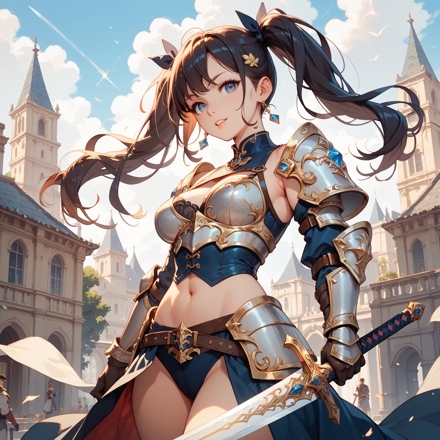 (masterpiece:1.4), (Highest quality:1.4), Very detailed, Complex, Very detailed, shape,Soft lighting, Scenic, Very detailedな描写、Decorative armor、Exquisitely designed armor, A woman with a lot of pride,character from RPG games, (character: human, Fairy), (exterior: Swordsman style, Shaman style, Skimpy Armor, Blue cloth), (belongings: Long sword, dagger, Holy Staff, Magic wand, shield, metal armor, Leather Armor), Perfectly accurate anatomical shape、All limbs are intact、Perfect Full Finger, Colorful characters, Landscape colored in earth tones, Huge, Majestic, female knight, Expression that brings excitement, Thighs