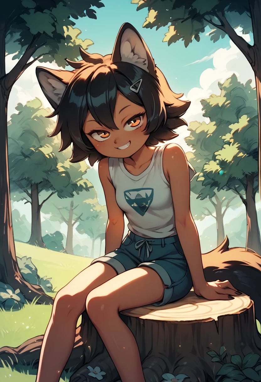 absurdres, furry, female furry, anthro, trending on artstation, uploaded on e621, detailed portrait of a anthro woman, extreme detail, detailed fluffy fur, full body, blushing, detailed eyes, (shaded), (detailed lighting), (cinematic lighting), (masterpiece, hi res, RAW photo, high resolution, high details, best quality), high definition, (high sharpness:1.3), leopard ears, leopard tail, silver fur, asymmetrical_bangs, top not, Royal_Blue_brown_hair, part_bangs, fluorescent_eyes, (black simple shorts:1.1),(light_gray simple off-shoulder crop top:1.1), (unbuttoned red checkered off-shoulder shirt:1.1) jungle forest, thickets, small river, sitting on a fallen log. small rays of light